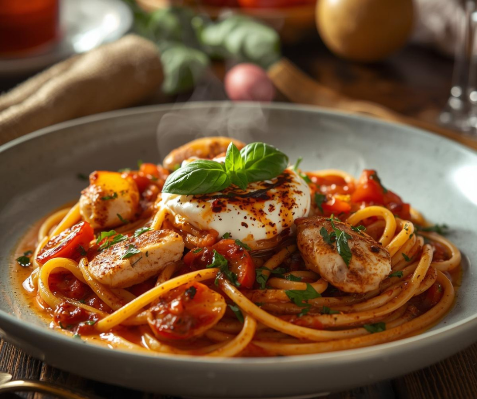 Basil Tomato Balsamic Chicken Burrata Pasta