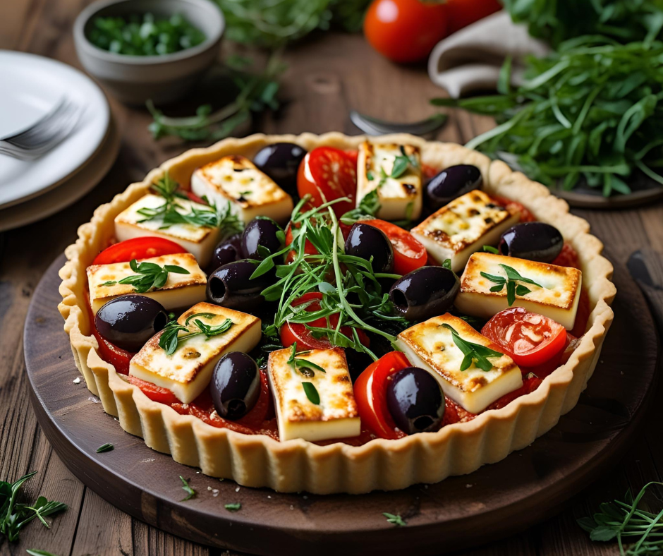 Halloumi, black olive & Tomato tart