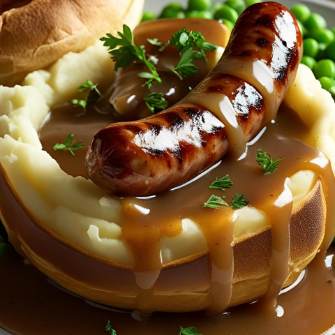 Bangers, Mash & Onion Gravy in a Yorkshire Pudding