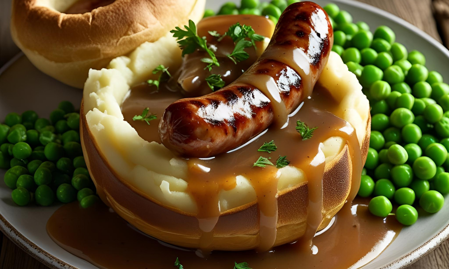 Bangers, Mash & Onion Gravy in a Yorkshire Pudding